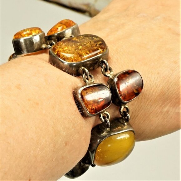 82g Rare Multi Amber and 925 Silver Heavy Link BRACELET - OOAK Gift For Her - Picture 8 of 16